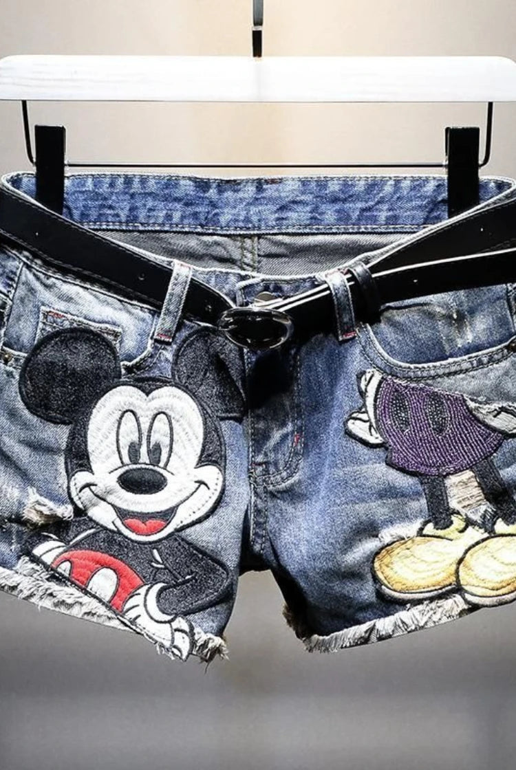 Women's High Waisted Denim Shorts-Korean-Inspired Loose Straight Leg-Distressed Cartoon Embroidery Trendy Summer Hot Pants PlatiNum