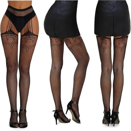 Calze a rete sexy da donna da 3 pezzi Collant con reggicalze alti fino alla coscia con reggicalze Design con motivo scavato per uso occasionale