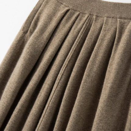 Women's Cashmere Umbrella Skirts Autumn Winter Basic Office Lady Classics 100% Cashmere Knitted A-Line High Waist Pockets Dress PlatiNum