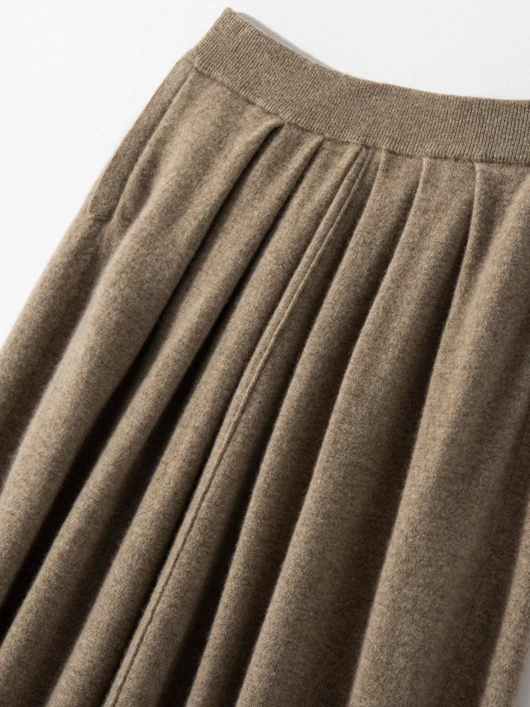 Women's Cashmere Umbrella Skirts Autumn Winter Basic Office Lady Classics 100% Cashmere Knitted A-Line High Waist Pockets Dress PlatiNum