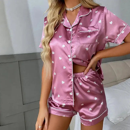 Pigiama da donna Pj Set Pigiama in raso con stampa a cuore Casual Manica corta Colletto con risvolto Top e pantaloni Indumenti da notte e pigiama per adulti platinumshop
