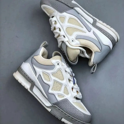 Unisex White‑Grey Mesh Leather Patchwork Low‑Top Sneakers, Geometric Cutout Thick Sole Lace‑Up Street Casual Skate Shoes