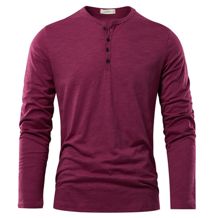 Henery Neck  Long Sleeve T shirt For Men Solid Spring Casual Mens T-shirts High Quality Male Tops Classic Clothes Men's T-shirts PlatiNum