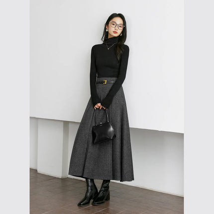 VIMLY Elegant Wool Blend Pleated Maxi Skirt for Women 2025 Winter High Waist Stereo Heavy Duty Skirt Office Lady Clothes M9173 PlatiNum