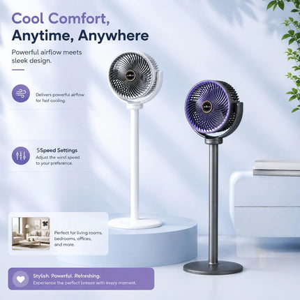Ventilatore da Terra e da Tavolo 2-in-1 Moderno, 5 Velocità, Potente Flusso d'Aria, Ventilatore USB Portatile per Casa, Camera da Letto, Ufficio