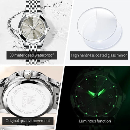 OLEVS 9931 Elegante Orologio da Donna di Lusso, Marca Originale, Movimento al Quarzo, Impermeabile, in Acciaio Inossidabile, Luminoso con Data platinumshop