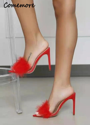 Comemore Woman Feather High Heels Fur Slippers Sandals Women Peep Toe Lady Pointed Pumps Sexy Slides White Pink Black 42 43 PlatiNum