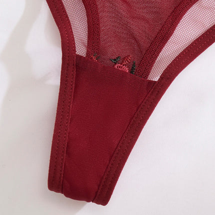 Ladies' Wine Red Heart-Shaped Design Embroidered Semi Transparent Comfortable Breathable Underwear Set, Suitable ZA825026