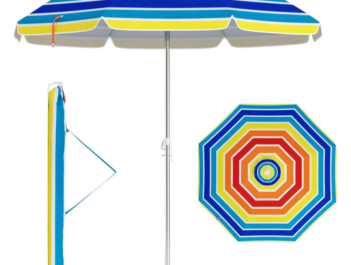 Ombrellone da spiaggia, 178 cm, antivento, stabile, UPF 50+, 30 °   Protezione solare pieghevole con punta a terra e borsa per il trasporto (colorata)
