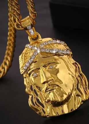Vintage Christian Ice Crystal Jesus Head Pendant Necklace for Men and Women Cross Catholic Amulet Jewelry PlatiNum