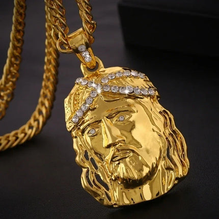 Vintage Christian Ice Crystal Jesus Head Pendant Necklace for Men and Women Cross Catholic Amulet Jewelry PlatiNum
