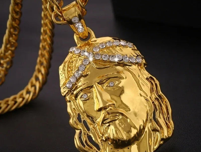 Vintage Christian Ice Crystal Jesus Head Pendant Necklace for Men and Women Cross Catholic Amulet Jewelry PlatiNum
