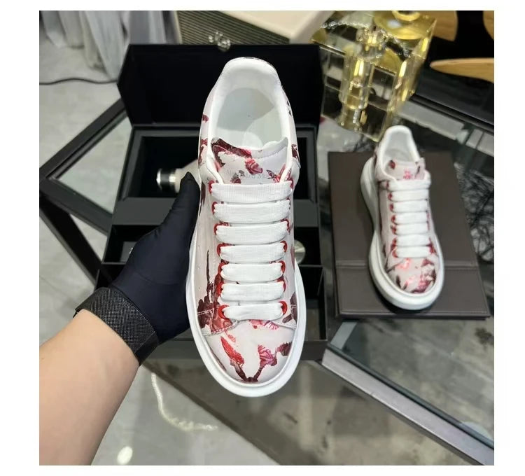 American European Fashion Casual Shoes Unisex White Platform Sneakers Man Sport Shoes In Printing Leather Women Heighten Loafers
