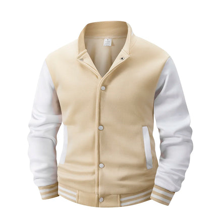 Men's Fleece-Lined Varsity Jacket Autumn Winter Warm Color Block Baseball Jacket Button Front & Striped Cuffs Retro Casual Coat
