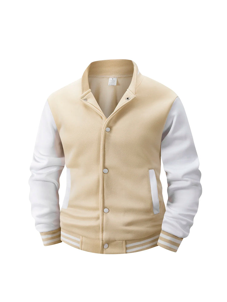 Men's Fleece-Lined Varsity Jacket Autumn Winter Warm Color Block Baseball Jacket Button Front & Striped Cuffs Retro Casual Coat
