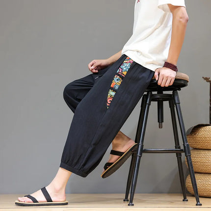 Pantaloncini estivi da uomo Pantaloni casual traspiranti in cotone Pantaloni larghi tradizionali retrò streetwear al polpaccio Pantaloncini comodi da uomo