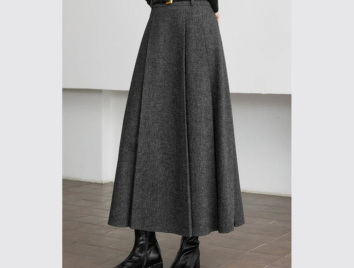 VIMLY Elegant Wool Blend Pleated Maxi Skirt for Women 2025 Winter High Waist Stereo Heavy Duty Skirt Office Lady Clothes M9173 PlatiNum