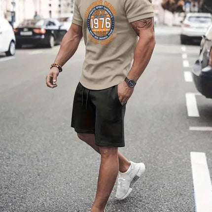 New Men's Two-Piece Suit Fashion Scottish Print Summer O-neck Short Sleeve Polo + Shorts Men's Two-Piece Set