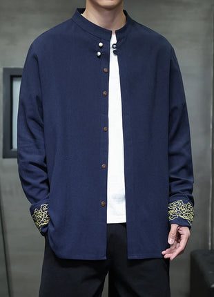 Camicie da Uomo di Alta Qualità con Ricami in Stile Cinese, Colletto Rialzato Retrò, in Lino Comodo e Traspirante, Camicie Casual da Uomo