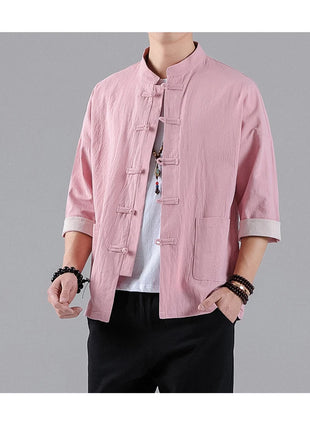 Camicie in Stile Cinese per Uomo, Top Tradizionale Tang in Lino a Mezza Manica, Camicia Kung Fu Hanfu Vintage Casual, Taglie Grandi fino a 5XL