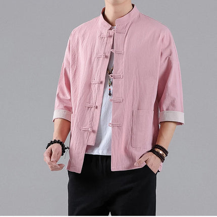 Camicie in Stile Cinese per Uomo, Top Tradizionale Tang in Lino a Mezza Manica, Camicia Kung Fu Hanfu Vintage Casual, Taglie Grandi fino a 5XL