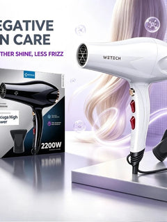 Dual‑Voltage Ionic Blow‑Drying Styling Gear WETECH W1104,2200W Hair Dryer with Concentrator Nozzle 100‑240V, adjustable hot‑cool wind modes for small beauty workstation grooming smoothing coarse hair to achieve glossy
