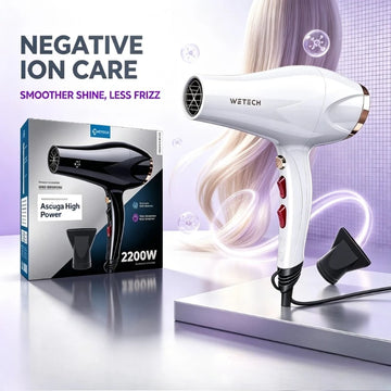 Dual‑Voltage Ionic Blow‑Drying Styling Gear WETECH W1104,2200W Hair Dryer with Concentrator Nozzle 100‑240V, adjustable hot‑cool wind modes for small beauty workstation grooming smoothing coarse hair to achieve glossy