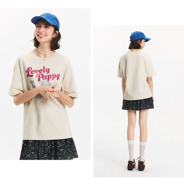 T-shirt a maniche corte Semir da donna, lunghezza media, fantasia carina, stile retrò, nuova collezione estiva 2025, top ampio traspirante, stile di nicchia
