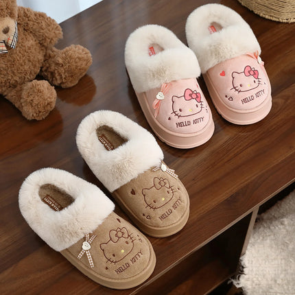 Women's Cute Cartoon Cat Plush Slippers Winter Warm Indoor Non-Slip Bow Embroidered Closed Toe Soft Fluffy House Shoes for Ladie