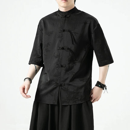 Camicia cinese da uomo con foglie di bambù floreali scuri Seta di ghiaccio Estate Confortevole e traspirante Stile retrò Camicie larghe alla moda da uomo Top