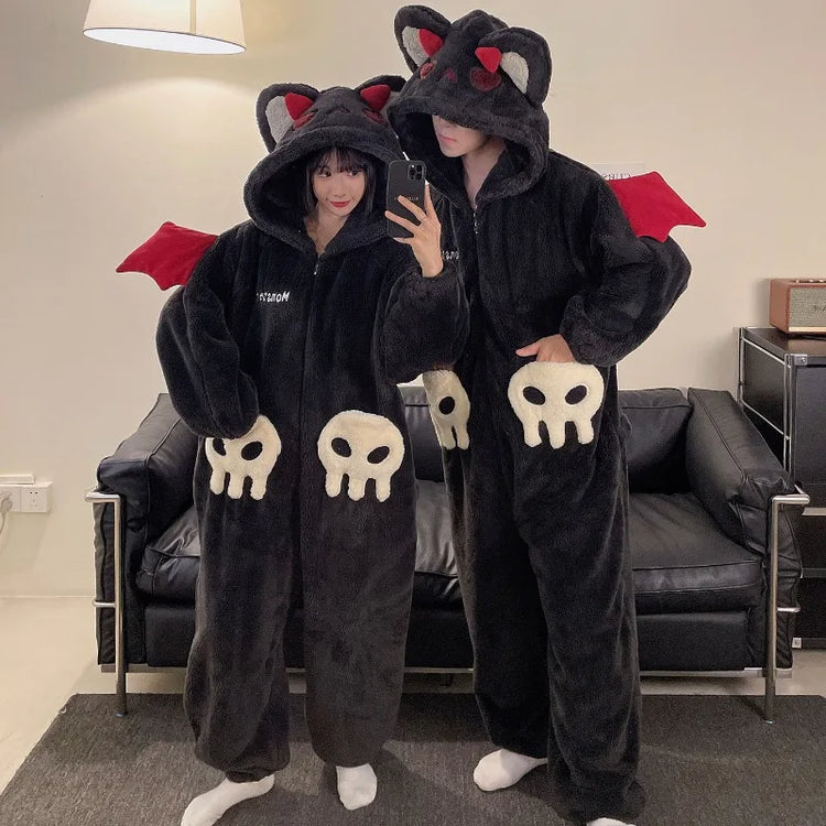 Cartoon Devil Pajamas Couples Women Men Onesie Sleepwear Winter Thicken Hooded Loungewear Coral Fleece Homewear Pijama Disfraz
