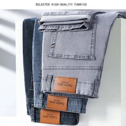 Summer Thin Men's Elastic Cotton Jeans Fashion Gray Comfortable Business Straight Casual Pants Brand Male Clothes Trousers PlatiNum