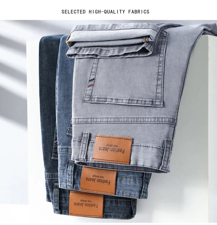 Summer Thin Men's Elastic Cotton Jeans Fashion Gray Comfortable Business Straight Casual Pants Brand Male Clothes Trousers PlatiNum