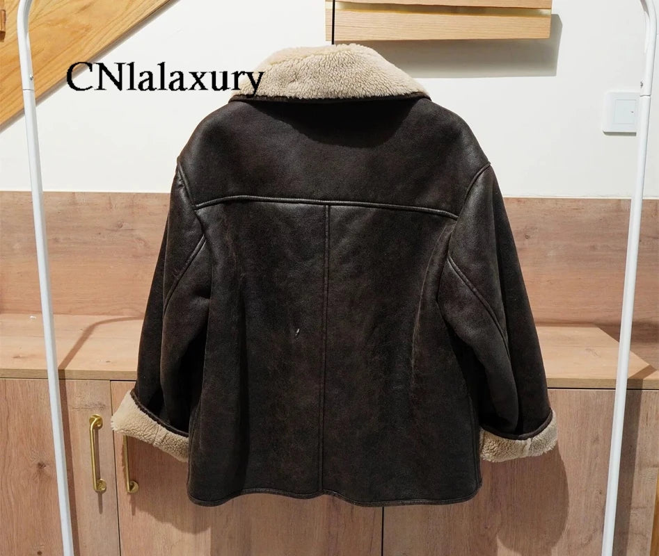 2024 Woman Thick Faux Leather Jackets for Women Streetwear Autumn Winter Warm Female Wool Blends Coats Outerwear