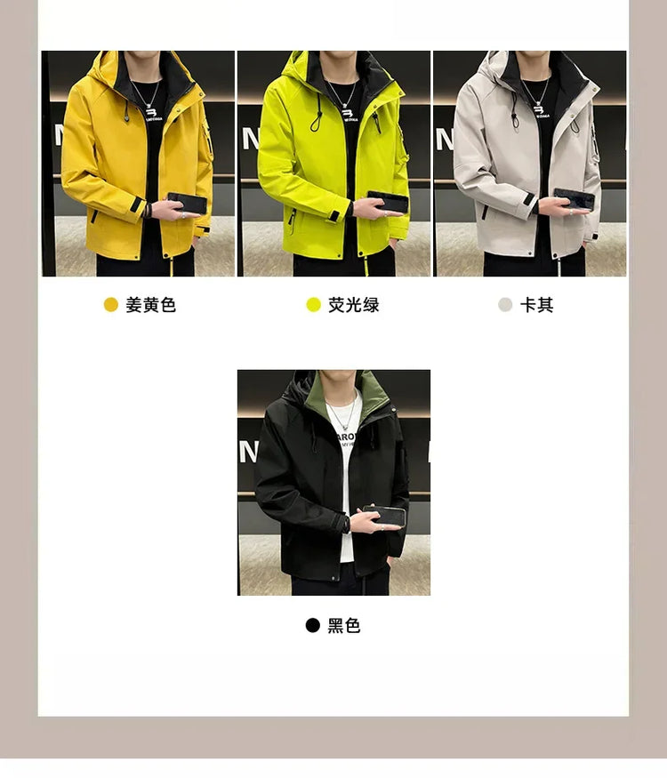 New Men's Fashion Casual Jackets Hooded Solid Zipper Pockets Camping Jackets Spring Autumn Brand Male Outdoor Sport Windbreaker