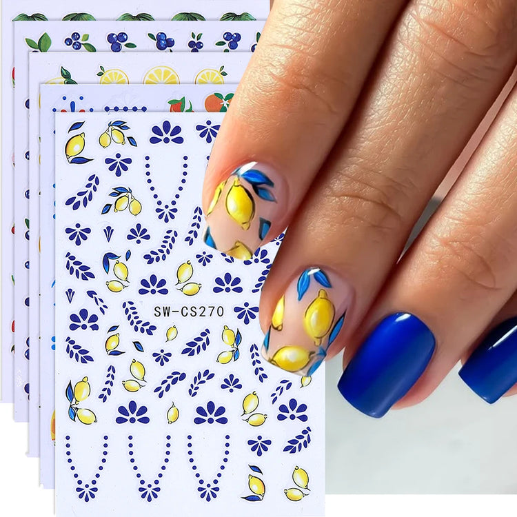 3/5pcs 3D Blue Fruit Bohemian Nail Sticker Cartoon Lemon Orange French Floral Petals Lines Leaves DIY Summer Manicure Decoration