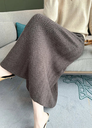100% Cashmere Skirt Women's Mid-calf Dress Herring Bone High Waist High-end Versatile Knitted Skirt Autumn Winter Office Lady PlatiNum
