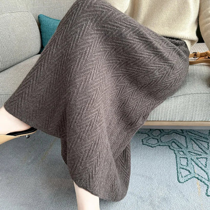 100% Cashmere Skirt Women's Mid-calf Dress Herring Bone High Waist High-end Versatile Knitted Skirt Autumn Winter Office Lady PlatiNum