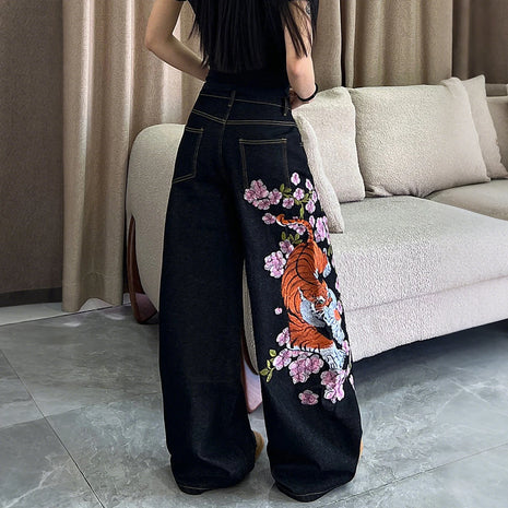 1 paio di jeans larghi vintage americani con ricamo di tigre e fiori, pantaloni neri a gamba larga s