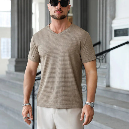 2025 New Men's Casual Short Sleeved Bone Flower Solid Color O-neck T-shirt Fashion Breathable Comfortable Summer Versatile Top PlatiNum