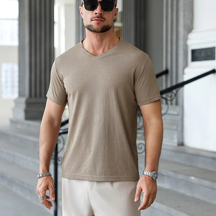 2025 New Men's Casual Short Sleeved Bone Flower Solid Color O-neck T-shirt Fashion Breathable Comfortable Summer Versatile Top PlatiNum