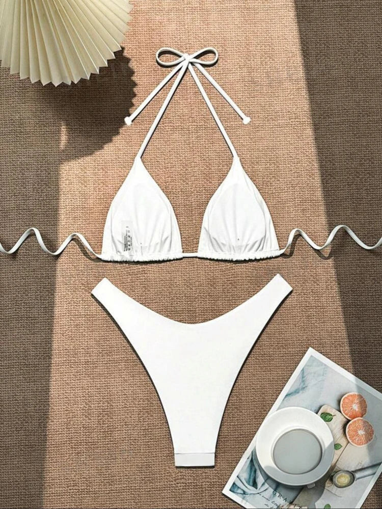 Costume da bagno bikini a perizoma da donna sexy, tinta unita bianco/nero/caffè, con laccetti, stile brasiliano, nuovo, in doppio tessuto, per la spiaggia platinumshop