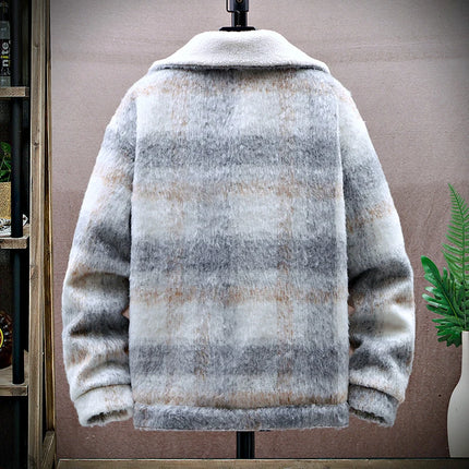 Retro Men's Woolen Coat Winter Add Velvet Keep Warm Jackets Classic Plaid Print Loose Casual Trench Blends Jacket Men Clothing