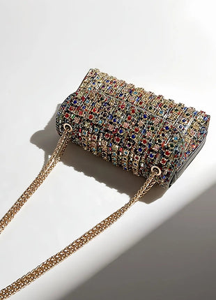 Fashionable Retro Diamond Studded Gold Chain Women's Crossbody Bag Handbag Dinner Bag Underarm Bag Single Shoulder Bag PlatiNum