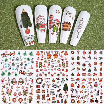 24Pcs 3D Christmas Nail Stickers Cartoon Santa Claus Elk Snowman Snowflakes Self-Adhesive Nail Decals Kid Girl Xmas Gift Sliders
