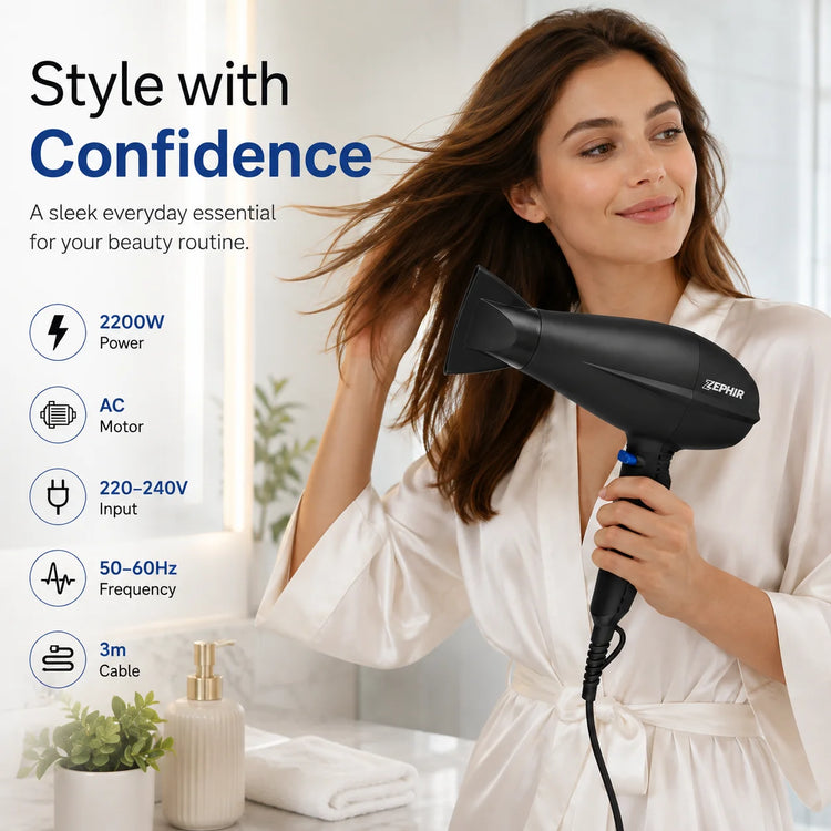 Zephir ZHB2002 Hair Dryer 2200W AC Motor Professional Blow Dryer with Diffuser & Styling Nozzle Black