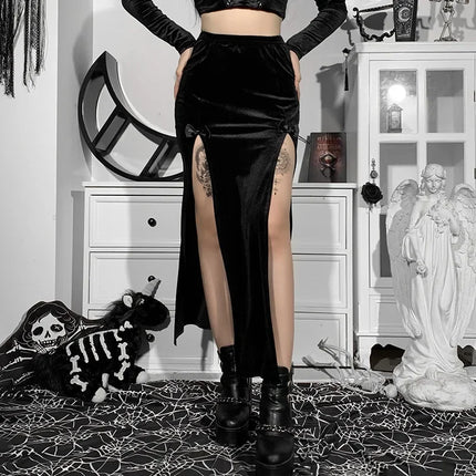 Damen-Punk-Rock-Stil-Rock, neuartiger eleganter langer Rock für Halloween und Festivals, hohe Taille, schlanke Passform, mit sexy Schleife und seitlichem Schlitz, Knielang