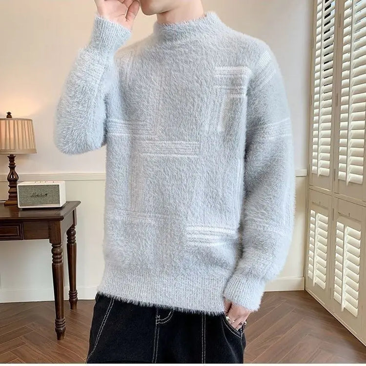 2025 Thickened Sweater Men's Autumn Winter Casual Half High Neck Pullover Knitwear Furry Korean Loose Simple Sweaters 3 Colors