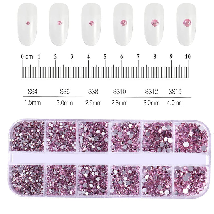 12 Grids Mixed Size Nail Rhinestones SS6 to SS30 Shiny Clear Gold Pink Blue Flat Back Glass Gems for DIY Nail Art Manicure Decoration Supply