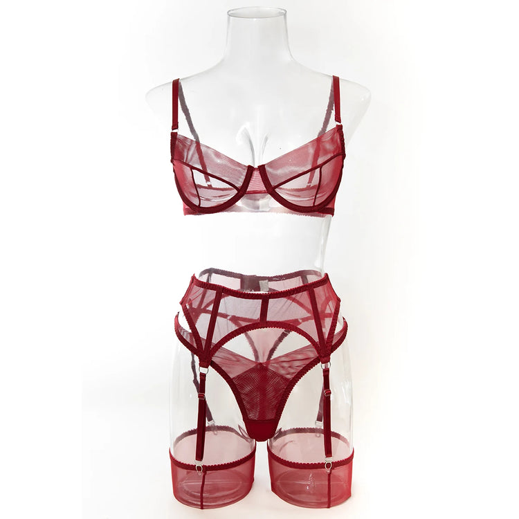 Luxury Dark Style 4Pcs Women's Lingerie Set Push-up Underwire Bra Garter Belt Thong Panty Stocking Erotic Intimate Outfits